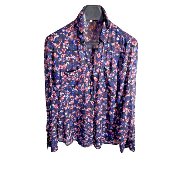 Express Portofino Floral Semi Sheer Roll Tab Sleeve Blouse Size Large - Picture 1 of 7